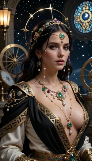 An enigmatic Queen of Jerusalem whose beauty and authority are enhanced by extraordinary royal head jewelry. A delicate golden circlet rests upon her brow, from which dozens of fine chains cascade around her face and hair. Emeralds, sapphires, rubies, pearls, and moonstones hang from the chains like stars suspended in the night sky. Tiny brass astrolabes, celestial symbols, and miniature mechanical ornaments are incorporated into the design. Every movement causes the jeweled chains to shimmer softly in the light. Her dark hair falls in elegant waves beneath the ornamentation. She wears flowing black, ivory, and gold robes with a deep cleavage showing off the shape of her large supple bust, inspired by medieval Jerusalem, Syrian nobility, and Byzantine aristocracy, richly embroidered with geometric patterns and celestial motifs. Standing within a palace observatory illuminated by lanterns, astronomical instruments, and moonlight filtering through stained glass. Photorealistic, ultra-detailed jewelry, luxurious fabrics, cinematic fantasy realism, royal intrigue, masterpiece quality, 8k.