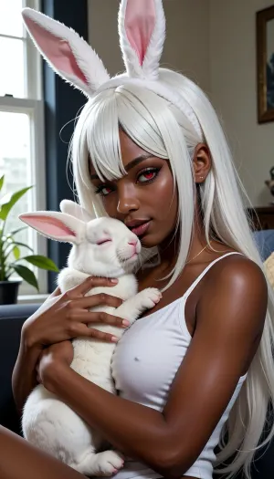 score_9, score_8_up, score_7_up, The image is an illustration of a young woman with long white hair and red eyes. She is wearing a white tank top and has a pair of bunny ears on her head. The woman is holding a white rabbit in her arms and is kissing it tenderly. The rabbit has its eyes closed and appears to be sleeping. The background is a room with a window and a plant. The overall mood of the image is peaceful and serene. dark_skin, rating, safe, white_hair, heart, animal_ears, 1girl, red_eyes, long_hair, parted_bangs, bunny_ears, hug, bare_shoulders, window, smile, half-closed_eyes, indoors, looking_at_viewer, one_eye_closed