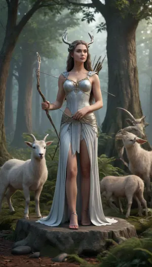 A 3D render of Artemis, goddess of the hunt, with her bow and arrows, leading a group of nymphs through an enchanted forest. The nymphs wear dresses made of leaves and euro banknotes, (20, 50), and a goat with golden horns follows them. A Celtic harp rests on a tree stump, and a Wise card is placed on a rock. The scene is bathed in silver moonlight. Ultra-realistic 3D, 8K, hyper-detailed textures, depth of field.