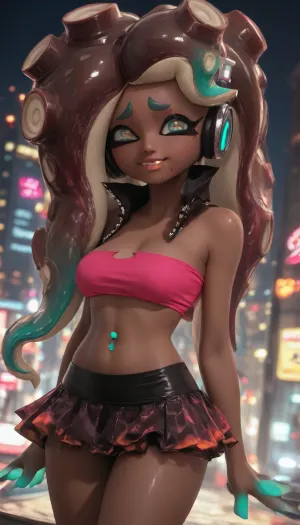 (splatoon, marina:2), 1girl, (very dark brown skin:2), fluorescent teal octopus eyes, modeling, pointy ears, tentacle hair, legs, (neon tubetop and neon micro skirt:1.3), horny modeling, city at night
