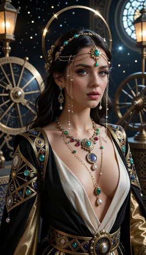 An enigmatic Queen of Jerusalem whose beauty and authority are enhanced by extraordinary royal head jewelry. A delicate golden circlet rests upon her brow, from which dozens of fine chains cascade around her face and hair. Emeralds, sapphires, rubies, pearls, and moonstones hang from the chains like stars suspended in the night sky. Tiny brass astrolabes, celestial symbols, and miniature mechanical ornaments are incorporated into the design. Every movement causes the jeweled chains to shimmer softly in the light. Her dark hair falls in elegant waves beneath the ornamentation. She wears flowing black, ivory, and gold robes with a deep cleavage showing off the shape of her large supple bust, inspired by medieval Jerusalem, Syrian nobility, and Byzantine aristocracy, richly embroidered with geometric patterns and celestial motifs. Standing within a palace observatory illuminated by lanterns, astronomical instruments, and moonlight filtering through stained glass. Photorealistic, ultra-detailed jewelry, luxurious fabrics, cinematic fantasy realism, royal intrigue, masterpiece quality, 8k.