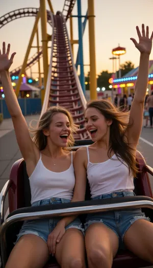 two women in their twenties on a romantic date, sitting together in the front row of a roller coaster, amusement park on a warm summer evening, just cresting the highest hill and beginning the steep drop, both raising their arms high above their heads, laughing uncontrollably with pure joy and excitement, wind blowing through their hair, genuine expressions of happiness, roller coaster car accelerating downward, golden sunset light, colorful amusement park lights in the background, dynamic motion, sense of speed, cinematic perspective from slightly in front of the coaster, realistic physics, summer atmosphere, photorealistic, highly detailed faces, natural smiles, motion blur in the background, shallow depth of field, masterpiece, ultra detailed, professional photography, vibrant colors, 8k