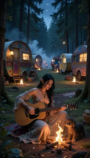 Masterpiece, best quality, highly detailed, a vast bohemian gypsy camp in a dark forest clearing at night, in the center, a black haired bohemian elvish woman, serene smile, delicate dimples, sits at the forefront, playing an acoustic guitar by a small campfire, her slender fingers pressing the strings, each fingernail finely detailed, she wears a flowing bohemian dress, and the warm glow of the fire dances on her skin, behind her, a kaleidoscope of vintage gypsy wagons, each wagon uniquely decorated with vibrant colors and lanterns, some wagons have small campfires outside, the forest thick with tall trees surrounding the scene, mist rising between them, the entire clearing filled with other smaller campfires, distant laughter and music softly blending into the night, a soft haze in the air, stars peeking through the tree canopy, the entire atmosphere relaxed, magical, and deeply atmospheric, a masterpiece capturing the spirit of a wandering nomadic life. Her small breasts peak out with stiff nipples as she bends over to pet a small yappy poodle.
