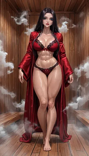 (innv meets jack cayless style), reiq style, masterpiece, cel-shaded, limited color palette, ((Beautiful Muscles Sexy Boa Hancock from One Piece body)), 1girl, solo, alone, (athletic, wide, build, body), (seductive face, ads, large perfect breast, muscles, perfect legs, feet, wide hips, big ass, sweaty body, looking erotic), ((red satin robe), (lace bra), (lace panties)), (camel toed), (front facing standing playful posing), (inside, sauna, steam, hotel), ultraviolet light, LoL, Style, (league, of, legends\), uberfit, muscular, athletic, a, tall, woman, with, dress, epaulette, large, breast, <lora:LCMTurboMix_Euler_A_fix:1.3>, <lora:EnvyCuteXL01v12:1.3>, <lora:EnvyAnimeDigitalPaintingXL01:1.3>, <lora:uberfit_lora_sdxl:1.3>, <lora:BoaHancock1024:2>