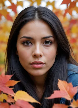 killing beautiful face framed by bright autumn colored leaves, half latina half asian, blue-black straight long hair, tired and sad ordinary 30-year-old woman, single tear rolls down her cheek, face close up, face age-appropriate, skin condition age-appropriate