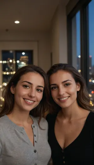 Two adults taking a close-up selfie in a cozy indoor setting. On the left, a bald man with light stubble wearing a light gray zip-up sweater, smiling. On the right, a Seamless tanned 44 years old skinny girl, tall and very skinny petite body, morroccan Girl. short dark brown wavy hair, (tiny empty flacid breast:1), naked, wearing a black t-shirt under a black checked mini button-down shirt. no pants, no panties. She wears black athletic shoes. Warm indoor lighting illuminates their faces. Behind them, a large window reveals a nighttime city street with blue festive string lights and parked cars, adding cool tones outside. Overall mood is cheerful and intimate. Render in photorealistic style with high detail, natural skin tones, soft shadows, and shallow depth of field to subtly blur the background., volumetric lighting, intricate details, perfect lighting, fine details, shot with a Leica M10 Summilux 50mm f/1.4, lifelike colors