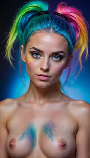 spirit being, ((rainbow skin)), rainbow light, rainbow body, (glowing body), luminous glow, beautiful rave girls and boys are fucking hard, freckles, glowing tattoos, glamour photography, high key photo, blonde and blue hair bimbo, blue eyes, looking at viewer, messy buns, slender body, (masterpiece, best quality), perfect illumination, (best shadow), 32K, UHD, sharp image, (best illumination), crystal clear image, best quality, ultra-detailed, fine detail, high res, highest quality, 8k wallpaper, high definition, ((highly detailed face), (ultra-detailed face)), Neon style, futuristic, Super heo glow, UV LOVers, Blacklight style lighting, dark whole body view composition, vivid, stunning design, high resolution, beautiful rave girls fucking an magical alien, dark, whole body view composition, doggy, <lora:CinematicStyle_v1:2>, <lora:NDP_neon-000001:2>, blacklight, makeup, <lora:blacklight_makeup_v2:.8>
