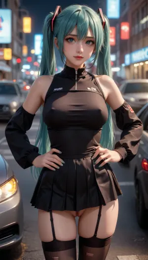 "Hatsune Miku in a torn, tight racing suit with a matching short pleated skirt, 'Racing Miku' style, standing confidently before a sleek sports car, with a distant cyberpunk city skyline glowing behind her in the dimly lit garage, neon lighting. Long teal twin-tails flowing over her shoulders. The racing outfit is ripped open at the crotch, exposing a thick, full bush of pubic hair and a visible wet pussy. The top is torn, leaving her large breasts completely bare with erect nipples. The skirt is pushed up and partially torn, revealing black fishnet stockings ripped, garter straps undone. Edgy goth punk aesthetic, confident and seductive pose—hands on hips, legs slightly spread, head tilted with a playful smirk. Soft blush on cheeks, glossy lighting, reflections from the city lights, gritty garage background fading into a sprawling urban horizon with towering neon skyscrapers. Highly detailed, explicit, uncensored, cinematic composition, ultra high quality, 4k., skirtlift, no, nuts, no_nuts, <lora:skirtlift_xl:1.6>, <lora:Futanari_No_ball:1.6>
