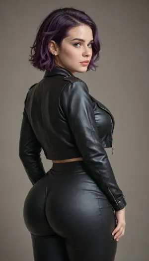 Cute chubby petite girl, short spiky hair, purple hair, in heat face, wide hips, big tighs, perfect big breasts, tight leather pants, short leather jacket, exposing ass