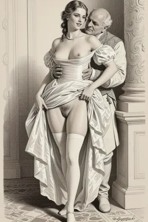 This is a detailed monochromatic pencil drawing in a classical illustrative style depicts a scene set in Russian Empire in 1812. A ball at the palace. A very beautiful aristocrat, 18 years old, tall, slender, expressive eyes, A pretty face, a sly smile, delicate features, fair skin, medium-sized high breasts, pearl necklace around her neck, long legs, leaning back against a column, (full-length view), in a beautiful white ball gown and lifting the hem of the dress, extremely visible hairy pussy, (high quality), hairy pubis, labia, (white long stockings visible), white shoes skirtlift, Obese ugly old man 90 yo hugs her, the old man is wearing a rich outfit from that time, Old man smirks maliciously.The overall mood is intense, rendered in fine, expressive line work and subtle shading, evoking the style of 1950s satirical or moralistic illustrations.