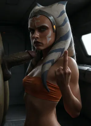 Ahsoka Tano, Star Wars, (futuristic space ship interior:1.3), sideview, fully saturated orange skin, orange eyes, athletic physique, colossal green orc cock, veiny penis, small tight red-orange tube top, small breasts, (annoyed:1.57), (brown lips), (middle finger), NEGATIVE_HANDS, <lora:WTS - WhatTheSuck - v1:.8>, excessive cum, sticky cum, cum goblet, (cum on face, cum dripping chin, cum flowing face, cum dripping, cum string), <lora:Ahsoka_Tano_XL:.8>, <lora:JustCum:.8>, <lora:dark:.8>