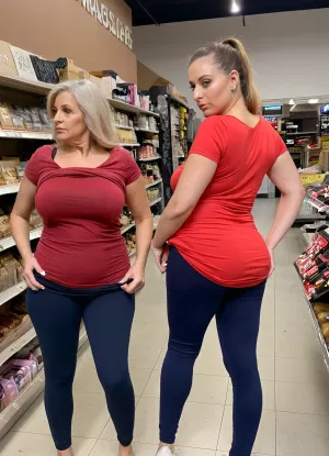 Marica, Hungarian small curvy granny gilf . 62 years old with hourglass body . Light brown pubic hair. Wearing dark blue tight leggings and long red t-shirts . Narrow waist and wide hips. She is a shop assistant