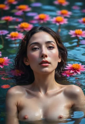 The image depicts a nude Japanese woman submerged in water with her upper body visible above the surface. She has long wavy hair that appears to be floating around her head. The background is filled with vibrant neon colorful flowers that seem to be reflected on the water's surface creating an illusion of depth and movement. The lighting highlights the texture of her skin and the intricate patterns of the floral reflections giving the scene a dreamlike quality., (nude), (pretty face:1.8), (perfect nose:1.6), slender body, long legs, (full body view:1.3), <lora:Midjourney Image Enhancer XL v1:1.5>