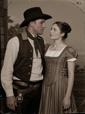 Vintage 1880s style tintype photograph of a romantic couple in the Wild West. A handsome cowboy and a beautiful woman in a vintage dress standing close together, looking into each other's eyes. Sepia tone, slight film grain, authentic historical costumes, nostalgic and romantic atmosphere.