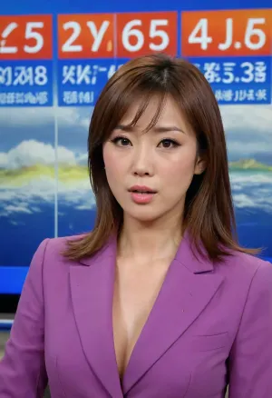 Japanese news anchor with huge amounts of cum on her face, drenched in cum, TV broadcast, weather screens in background, studio, news channel, (live on air presenting the weather forecast:1.2), she is looking straight into the camera, full body shot, fully clothed, cfnm, huge amounts of cum on her face, cum in her mouth, cum dripping from her chin, freeuse