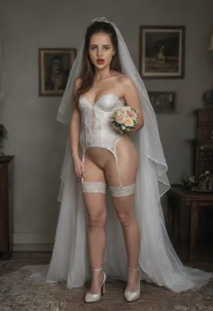 Jeddtl, ultra realistic, UHD 8K, extreme realism, maximum detail, photorealistic, ultra realistic 8k cg, hdri, realistic, super real, hyper realistic, housewife, (chunky:1.3), ultra sharp, ((Ultimate realistic photo details:1.8)), beautiful petite bride at wedding party, (forehead:1.3), (tan:1.6), full lips, brown hair, long hair, hair strands, elegant white wedding dress, intricated details, garter belt and sheer white stockings, more definition on silk stockings, shiny white high heels, stiletto heels, more definition on heels, (thick legs:1.6), professional make up, shiny red lipstick, (hands tied), elegant wedding bouquet, surprised, open mouth, (bend over table), 1 man elegant groom, ((fucked by the groom)), cock penetration, cock inside, huge hard cock, (3rd person), cum leaking, having sex, (doggy style sex), rough sex, tall male, deep penetration, hard fucking, outdoors, late afternoon, golden hour lighting, realistic detailed face, realistic detailed hair, realistic detailed body, Skin Light, ultra realistic skin, visible pores, skin small imperfections. Natural tone, natural pores and texture, ultra realistic detailed skin, realistic detailed, small breasts, big ass, wide hips, soft belly, (cum leaking from pussy, cockdrip), 3/4 side view, realistic detailed very tight pussy, (ultra High Resolution), (More, Details), (8K), 4ng3l, face, detailxl, <lora:add-detail-xl:1.8>, <lora:style_lora_realis:.6>, <lora:SDXL_BetterFaces-LoRA_v1:1.4>, full legs are visible, focus on ass and legs