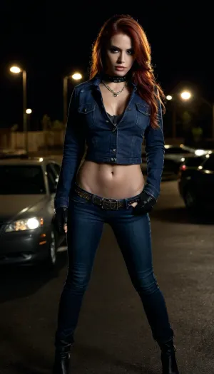 beautiful sexy model latino 25 years, green eyes, large cute brown eyes, full makeup, thin lips, very long silky redhair orange hair with very long silky extensions, very tall, 6"1, empty chest, show nipples erected, show big fake round tits, wearing dark blue denim cropped hooker jacket with long sleeve, wear emo gloves, wear bling metallic sexy belt, wear very long tight dark blue jeans, wear jewelry, latino earrings, neck chocker, full body show, black boots, Solo, night-time, dark, streetlights, close-up. front view, standing next to car in car park at night, nightime, moonlight, standing for viewer, looking directly at me, eye-contact, looking, at, viewer, <lora:looking_at_viewer:.8>, <lora:dark:.8>