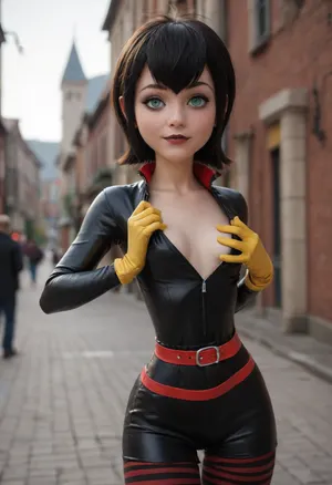18 years old, beautiful face, small breasts, miniature breasts, ((super hero Mavis Dracula from Hotel Transylvania)), (very narrow waist:1.4), athletic body, skinny body, petite, (green eyes), body suit with a very plunging neckline, leather jacket, short crop top jacket, leather belt, yellow gloves, erect nipples, armpit, hand on breast, bent over, bright sunshine, outdoors, city