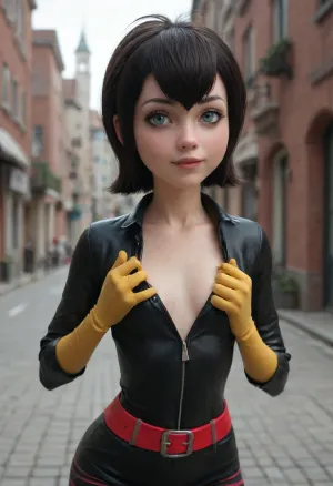 18 years old, beautiful face, small breasts, miniature breasts, ((super hero Mavis Dracula from Hotel Transylvania)), (very narrow waist:1.4), athletic body, skinny body, petite, (green eyes), body suit with a very plunging neckline, leather jacket, short crop top jacket, leather belt, yellow gloves, erect nipples, armpit, hand on breast, bent over, bright sunshine, outdoors, city