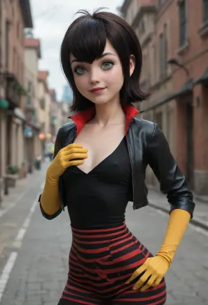 18 years old, beautiful face, small breasts, miniature breasts, ((super hero Mavis Dracula from Hotel Transylvania)), (very narrow waist:1.4), athletic body, skinny body, petite, (green eyes), body suit with a very plunging neckline, leather jacket, short crop top jacket, leather belt, yellow gloves, erect nipples, armpit, hand on breast, bent over, bright sunshine, outdoors, city