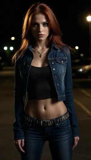 beautiful sexy model latino 25 years, green eyes, large cute brown eyes, full makeup, thin lips, very long silky redhair orange hair with very long silky extensions, very tall, 6"1, empty chest, show nipples erected, show big fake round tits, wearing dark blue denim cropped hooker jacket with long sleeve, wear emo gloves, wear bling metallic sexy belt, wear very long tight dark blue jeans, wear jewelry, latino earrings, neck chocker, full body show, black boots, Solo, night-time, dark, streetlights, close-up. front view, standing next to car in car park at night, nightime, moonlight, standing for viewer, looking directly at me, eye-contact, looking, at, viewer, <lora:looking_at_viewer:.8>, <lora:dark:.8>