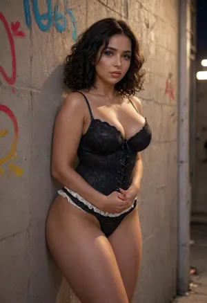 Graffiti style wall, night, outdoor. beautiful milf, chubby black woman, (black skin:1.8), (chubby:1.4), black curly hair, w
Wet hair, ruffled lingerie, corset, . Street art, vibrant, urban, detailed, tag, mural, igbebe, <lora:xl_ruffled_lingerie-1.0:2>, <lora:IG_Babe:1.3>