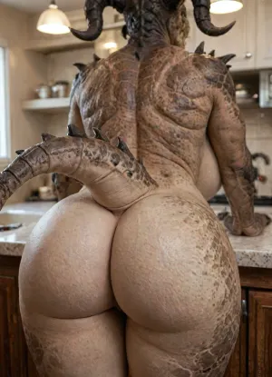 masterpiece, high Quality, Best Quality, realistic, very awa, (masterpiece:1), simple background, hotel kitchen, Solo, ((anthro female, deathclaw from fallout, tail, lizard skin, out of frame)), bent over, big bubble butt, lean thighs, ass focus, curvy body, dynamic pose, nude, back angle view, (((furry art, anthro woman, gigantic woman))), beautiful composition, intricate detail, intricate details, ultra-HD, high detail, (blurred background), best quality, <lora:add-detail-xl:1.2>, <lora:LCMTurboMix_Euler_A_fix:.8>