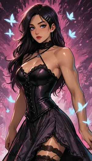 Melkor mancin meet markgavatino style, ((symmetric perfect eyes)), goth chains, (purple calm background psychedelic abstract), (Arabic dark skin:1.5), muscular small petite, short height, ((Thai princess in an intricate beautiful patterned lace halter corset, asymmetric dress)), ((dynamic pose arched back, head tilted to side looking at viewer, hip popped up)), ((large plump cleavage boobs with blush and glitter, lace stockings)), glowing purple flowers butterflies, (reiq style), Score_9, score_8_up, score_7_up, masterpiece, make up red lipstick blush glitter, (1woman, 8k resolution, ultra-detailed), solo, ratatatat74, super thick long hair blowing in the wind, hair clips bangles, wet thighs, butterflies, necklace choker, <lora:LCMTurboMix_Euler_A_fix:1.1>, <lora:ratatatat74-000050:1.1>, <lora:SDXLSamDoesArts:1.1>, NEGATIVE_HANDS