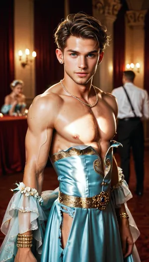 A young adult man dressed in a luxurious gown of a noble lady, full of lace and intricate textiles. The gown is torn apart, exposing his shoulders and booty. The viewer see the young man from his lower back. The young man has two pairs of lynx-like ears on his head. He looks flabbergasted, a bit lost. It all happens in a ballroom. The viewer can see pale silhouettes in the background.