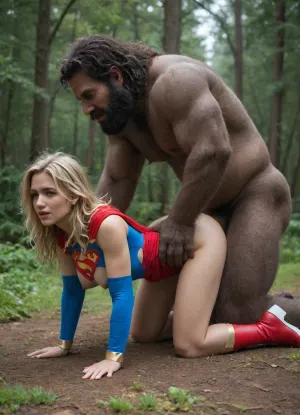 In an enchanted forest, (most hairy BIGFOOT monster sex:1.3), side view, top down bottom up, (UMA BIGFOOT monster holding her by the head:1.3), (giant BIGFOOT monster is three times her size:1.3), size comparison, blonde, extremely sexy face, girlfriend, (messy hair:1.3), (Supergirl costume:1.3), torn costume, supermodel body, perfect natural breasts, (hard erect nipples:1.3), boots, (giant BIGFOOT monster is fucking the woman from behind:1.3), giant BIGFOOT monster is fucking her with a hyper penis, (visible wet penetration:1.3), Giant testicle, thick penis, (doggystyle:1.3)