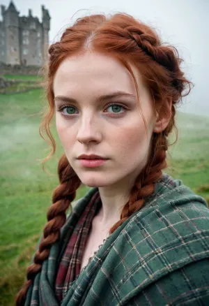 A photorealistic close-up portrait of a young woman of Celtic-Scottish descent, she has traditional facial features, pale skin with a delicate pink hue, expressive greenish-gray eyes, and braided red hair—all set against a backdrop of morning fog. She is wrapped in a rustic-style plaid blanket. A historic Scottish castle emerges from the morning mist. Cinematic lighting, ethereal morning dew, and a dramatic sky—a masterpiece of ultra-detailed photography.