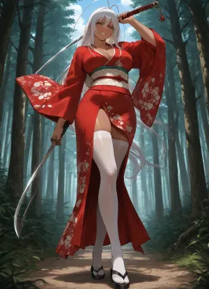 Natsume Maya from Tenjo Tenge, red kimono, white stockings, black sandals, tanned skin, wielding a katana, sexy posing in the forest, blue sky, white clouds, seductive grin to viewer, beautiful, masterpiece, high quality