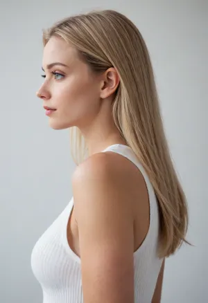 Side view, A realistic lifestyle product photography scene of a young woman with long straight blonde hair, (She is in side profile view), She wears a white sleeveless ribbed top, Clean minimal composition, isolated subject, soft natural lighting, realistic skin texture, detailed hands and fingers, high-resolution commercial product photography style, sharp focus, modern wellness/healthcare aesthetic, professional studio quality, natural pose, photorealistic.