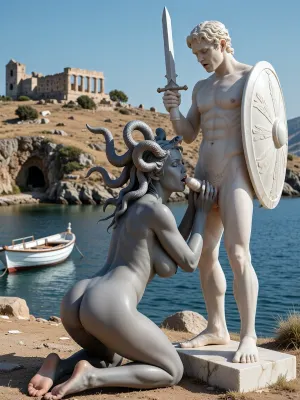 "The Gorgon"
8K UHD cinematic masterpiece. NSFW. Early afternoon on a deserted Mediterranean island, overlooking the still azure water, a single small boat of an ancient Greek style is moored in the harbor, ancient Greek ruins sit atop the highest point of the island, abandoned for centuries.
A tall statuesque Greek woman, naked, her face displaying a look of longing and sorrow, stunningly beautiful, (gray skin on entire body), gray eyes, huge breasts, erect nipples, full hips, and a round ass., (In place of her hair there are writhing venomous snakes growing from her head, their mouths open, hissing, fangs exposed), .
She kneels and admiringly strokes the penis on the statue of a naked standing male Greek warrior in white marble, sword and shield raised up, an expression of horror and disgust on its face, as she lovingly licks the head of the statue's penis.