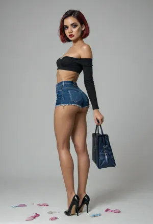 full body view, nobackground, ((used condoms everywhere on the floor)), tiny small 18yo woman wearing a short white knotted blouse, small body, off shoulder, cleavage, ((dark skin:1.4)), skinny, sexy tiny body with flat chest, perky natural small tits, hard nipples, small breasts, juicy perfect sexy ass, posed suggestively, highheels, ((high rise micro tartan skirt, ass cheeks hanging out the micro shorts)), ruby bob cut hair, (((high cheek bones, eyeliner, mascara, lipstick, eye shadow), heavy makeup)), puffy red lips, dark eyes, small 18yo woman, showing off her ass, ready to fuck, walking in a redlight district at night, holding a school bag in her hand, dark, skin, <lora:Sideboob_XL:.8>, <lora:ahxl_v1:.8>, <lora:detailed_notrigger:.8>, <lora:Darker_skin_SDXL:.8>