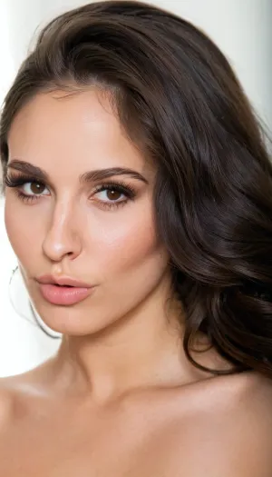 A highly detailed close-up portrait of a stunningly beautiful young woman in her mid-20s, exact face of the reference girl, flawless symmetrical facial features, oval face shape, high cheekbones, smooth fair skin with subtle glow, long wavy jet-black hair parted in the middle, silky hair cascading over shoulders, large expressive dark brown eyes with thick long eyelashes and subtle eyeliner, perfectly arched eyebrows, straight delicate nose, full plump lips slightly parted with natural pink color, seductive intense gaze directly at viewer, sharp jawline, pointed chin, perfect skin texture with realistic pores and micro-details, professional studio lighting, soft shadows, photorealistic, 8k ultra-detailed face, masterpiece, best quality