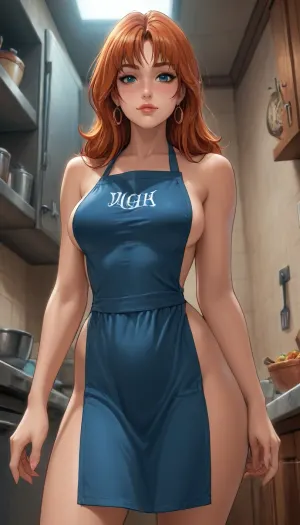 reiq meets markgavatino and melkor mancin artstyle, 35 years old, mito ikumi from shokugeki no souma, innocent face, (athletic figure), large tits, pretty face, horny expression, long hair, wearing only apron, fuck from behind, standing, looking at me, kitchen island, (reiq), view from slightly below and behind, 5 fingers on each hand