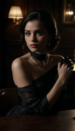 A photorealistic low-light portrait set in a vintage lounge interior. A young woman sits at a round, dark wooden table, her torso angled slightly in a three-quarter view and leaning forward. Both elbows rest on the table. Her hands, clad in long black gloves, are raised toward her face, one palm presses against her cheek, while the fingers of the other hand touch that palm. She gazes into the camera with a calm, cool, and slightly detached expression. Her hair is styled in an updo with soft, loose strands framing her face, the hair is black and long, extending below the shoulders.
Attire, a dark satin dress with thin straps, gold earrings, and a delicate chain. To the left stands a warm-toned table lamp with a cream-colored shade, the table surface is glass, and the background features dark wood paneling—no other people are present. Camera settings, full-frame, 50mm, f/1.8, ISO 1600, 1/60. Lighting, direct on-camera flash combined with warm tungsten lamp light. Filter/Style, "dirty amber" film look, warm nicotine tones, high contrast, deep shadows, heavy film grain, visible noise, and a raw, candid aesthetic., <lora:dark:.2>
