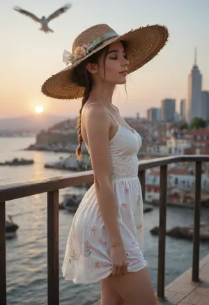 A side view, a sunny summer day, seagulls flying over the water, an embankment, a city. A young woman, 20 years old, stands by the railing. She is slender and beautiful, with light hair braided in a thin, waist-length braid. She is wearing a straw hat and a light, almost transparent, short summer dress, (the outline of her breasts is visible, but she is not wearing a bra), with a floral pattern, the wind lifts the dress, (she is not wearing underwear), . She tilts her head back toward the sun, her face upturned, her eyes closed from the sun, and smiles, enjoying the weather.