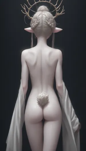 ((horror Theme)), create a scene with, Woman nude. With the, ((rake creeppasta)), ((pale skin)), (deer skul), behind her