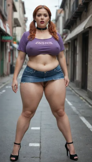 Bbw super fat curvy, massive pussy, short mature, long legs, extremely long red hair, pale skin, straight hair, hair in pigtails, massive thighs, massive stomach, large collar around neck, wide hips, high heels, tight purple shirt, ripped shirt, seductive pose, slutty, legs spread, mouth open, hairy pussy, mini skirt, pussy barley visible