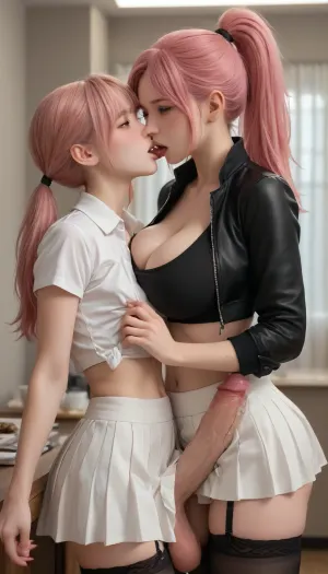 score_9, score_8_up, score_7_up, score_6_up, beautiful Japanese futanari girl with long blonde hair in high ponytail, seductive fox-like eyes, massive breasts, voluptuous body, beautiful Japanese girl with long pink hair in high ponytail, both wearing open white cropped bomber jacket, black sports bra, white pleated short skirt, black thighhigh stockings with garter straps, futanari in front, normal girl behind, futanari head tilted back, passionate deep French kissing with tongues intertwined, futanari, one hand reaching back groping and squeezing the pink hair girl's breast, pink hair girl behind, one hand firmly gripping and stroking futanari's massive 30cm thick veiny erect futanari cock, other hand groping and squeezing futanari's breast, futanari's massive cock curving upward powerfully, sticking out from under the front of the pleated skirt, covered with lots of thick shiny precum, precum dripping heavily from the tip and down the shaft, intense ahegao expression, eyes rolled back, heavy blushing, drooling, moaning into kiss, highly detailed skin, glossy sweaty skin, detailed hair, sharp focus, best quality, 8k