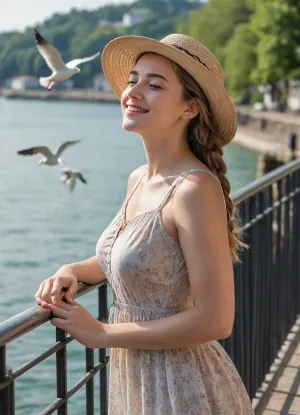 A side view, a sunny day, summer, seagulls flying over the water, a seaside embankment, a city. A young woman, 20 years old, stands near the railing. She is slender and beautiful, with light hair braided in a thin, waist-length braid. She is wearing a light, almost transparent summer dress with floral patterns and a straw hat. Her head is turned upward toward the sun, her face is turned upward, her eyes are closed from the sun, she is smiling, enjoying the weather.