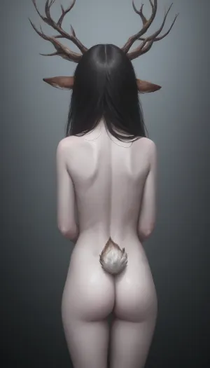 ((horror Theme)), create a scene with, Woman nude. With the, ((rake creeppasta)), ((pale skin)), (deer skul), behind her