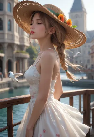 A side view, a sunny summer day, seagulls flying over the water, an embankment, a city. A young woman, 20 years old, stands by the railing. She is slender and beautiful, with light hair braided in a thin, waist-length braid. She is wearing a straw hat and a light, almost transparent, short summer dress, (the outline of her breasts is visible, but she is not wearing a bra), with a floral pattern, the wind lifts the dress, (she is not wearing underwear), . She tilts her head back toward the sun, her face upturned, her eyes closed from the sun, and smiles, enjoying the weather.