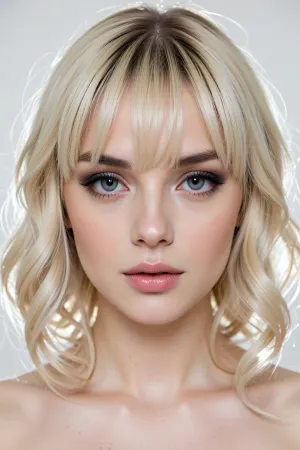 (avant-garde high fashion portrait esthetic, unnerving and surreal), (blonde hair, dark thick eyebrows, creamy alabaster skin tone, flawless skin:2), (wavy jaw-length hair, blunt bangs haircut, thick hair:4), (soft pillowy lips), (facing straight-on, playful smokey gaze), (large expressive eyes), (unedited raw photo aesthetic, overexposed low-contrast), (blown-out white highlights, Low dynamic range, washed-out high-key aesthetic)