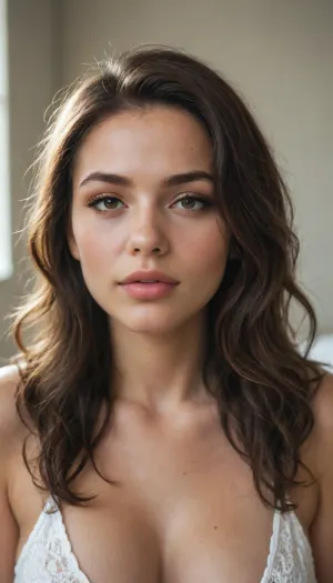 close-up portrait, stunning mature Colombian Latina woman, 22 years old, beautiful symmetrical heart-shaped face, very high prominent cheekbones, full plump juicy lips with significantly thicker lower lip, straight refined nose with slightly upturned tip, large expressive almond-shaped warm dark brown eyes with long thick black eyelashes, intense direct eye contact looking at camera, long voluminous dark wavy hair framing the face, warm olive tanned glowing skin with natural pores and texture, subtle mature beauty, photorealistic, ultra detailed skin texture, cinematic soft lighting, sharp focus on eyes and face, 8k raw photo