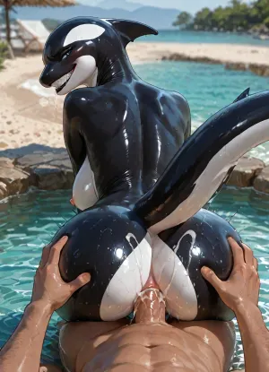Masterpiece, high Quality, simple background, Best Quality, very awa, photorealistic, 1girl, anthro, orca, blue eyes, cetacean, Beautiful face, black body, black skin, white body, white skin, two tone body, detailed killer whale skin, glossy glistening body, no humans, looking at viewer, bald, blush, heavy breathing, drooling, looking pleasured, clenched teeth, sharp teeth, black lips, massive breasts, reverse cowgirl, anus, sex, anal penetration, cum on butt, cum, tail, solo focus, ass, leaning forward, smile, wet, arched back, partially submerged, looking at another, puffy nipples, butt press, grabbing, grabbing own ass, after orgasm, back, cum string, butt, BREAK
1boy, human, nude, penis, erection, precum, cum on body, cum on self, navel, ejaculation, boy out of frame, soaking feet, pov, lying, BREAK, mixed-sex bathing, hetero, SIDE view, detailed eyes, beautiful composition, intricate detail, intricate details, masterpiece, ultra-HD, realistic, (((furry art, anthro woman))), high detail, (blurred background), beach, best quality, <lora:add-detail-xl:1.2>, <lora:LCMTurboMix_Euler_A_fix:.8>
