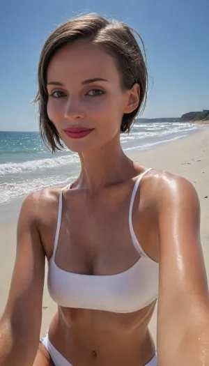 (iphone mirror selfie, holding a grey iphone pro, in front of a mirror:2), mid-50s woman, (proportionate head size, head clearly visible, face clearly detailed, portrait-level facial detail), (dark hair, wide box bob haircut tucked neatly behind both ears, no bangs, fully exposed forehead, entire forehead visible, unobstructed hairline, forehead completely clear, hair away from face, ears fully visible:1.8), (no glasses:1.6), (slender face, large forehead, round cheeks, soft jawline, slender neck, visible tendons, subtle veins:1.2), (almond eyes, hazel eyes, thin eyebrows), (high facial detail, detailed eyes, symmetrical eyes:1.3), (thin nose, slender nose:1.2), (average height, slender, thin arms:1.8), (very small breasts:1.8), (very lean physique, low body fat, naturally athletic build, fit, graceful musculature, slender athletic frame:1.8), (slim but natural waist, moderately defined waist, proportionate hips:1.5), (pronounced clavicles, visible collarbones, subtly defined arm muscles, lean athletic proportions:1.9), (freckles across the chest, realistic skin details:1.3), (smiling, elegant makeup, eyeliner, defined eyelashes, muted red lipstick, natural red lipstick:1.4), (elegant white bikini swimsuit, flattering fit, feminine swimwear:1.8), (very sweaty, sweaty skin:1.9), (wide sandy beach, gentle ocean waves, clear blue water, bright sunny sky, peaceful coastal landscape, natural daylight, realistic scenery:1.8), selfie, <lora:Instagram_Selfie_SDXL:1.5>