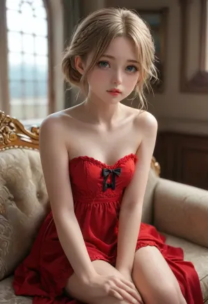 Kayla Davies, a 18 y.o. girl with delicate, innocent features, golden-blond hair cascading down her back, adorned with a small floral ornament that catches the light. Her wide, detailed eyes—filled with a mixture of curiosity and shyness. Her slender, flat body is completely nude, the soft curves of youth accentuated by the interplay of shadow and light, and her shaved pussy glistening with moisture. Depth of field focuses sharply on Kayla's face and the intimate moment, blurring the background just enough to emphasize the stark realism of the scene—the jewelry in her ears, the blush on her skin.Detailed scenery, Fantasy landscape, European architecture, antique bedroom, Art Nouveau, MagnaDress strapless, black bow, red dress, ruffles, hands on knees, leaning forward, sitting on couch, legs apart, mini dress, clear background, indoor flirtatious pose, cheeky pose, parted lips, head tilt, uncensored, <lora:MJ52:1.2>, <lora:flat_chested_v3.5:.8>